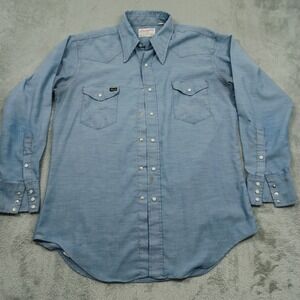 Vintage Wrangler Sanforized Shirt Mens 16.5 Blue Pearl Snap Made In USA